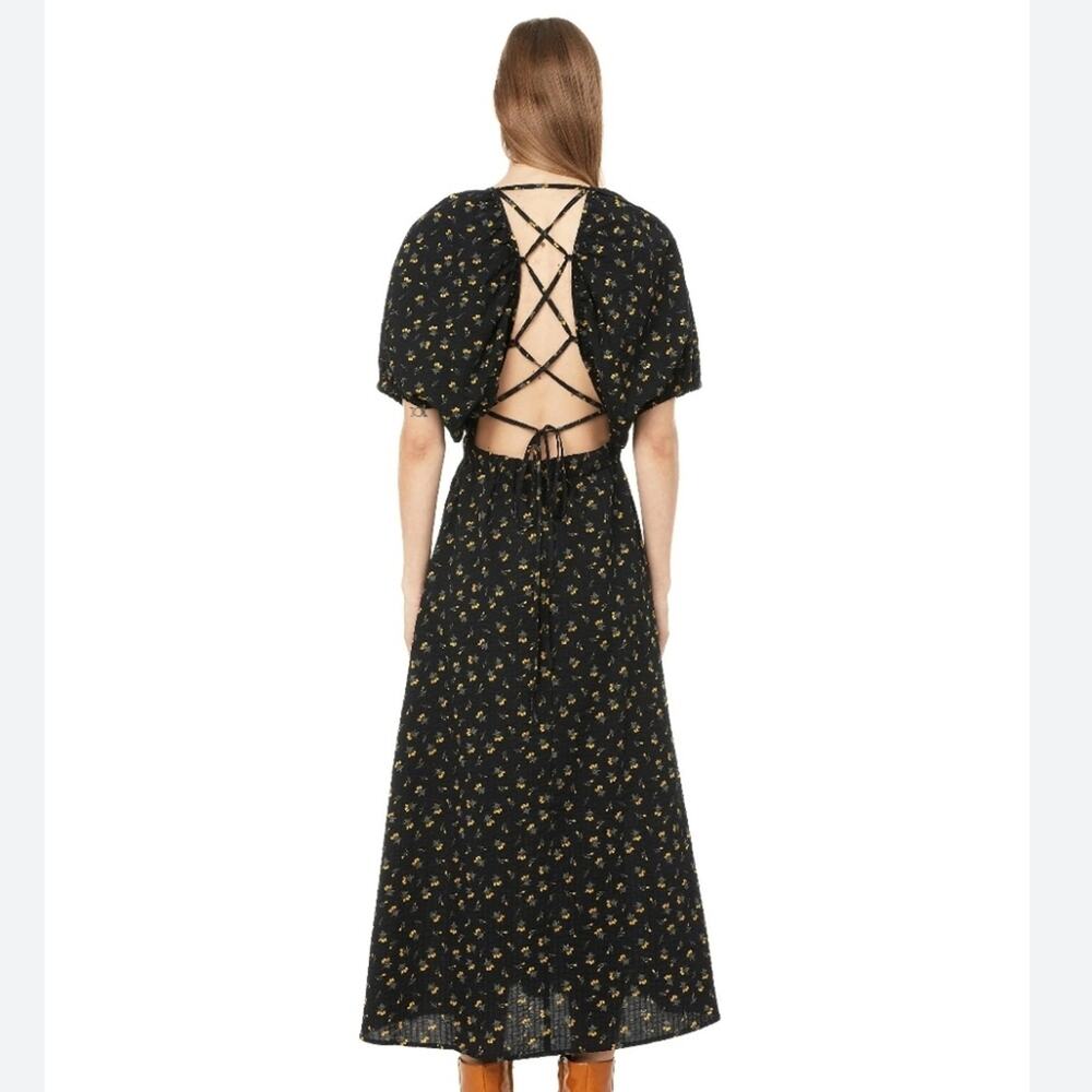 Gestuz Open Back Romantic Floral Maxi Dress Puff Sleeve Pockets 36